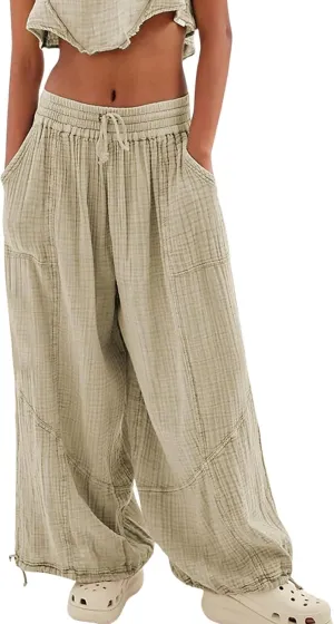 LOAIHA Women's Wide Leg Baggy Pants Drawstring Elastic Waist Harem Pants Casual Palazzo Lounge Trousers with Pockets
