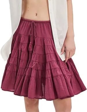 LOFAAC Women Cute High Waist Ruffle Layered Midi Skirt Casual Bow Knot Front Tiered Flowy Swing Going Out Short Skirt
