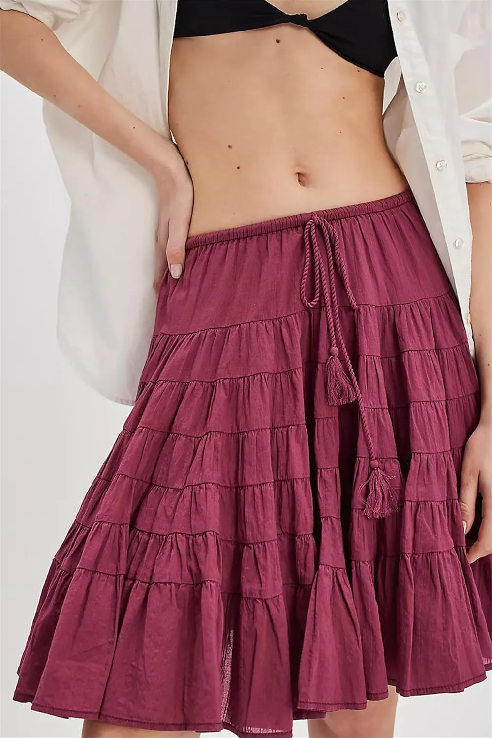LOFAAC Women Cute High Waist Ruffle Layered Midi Skirt Casual Bow Knot Front Tiered Flowy Swing Going Out Short Skirt