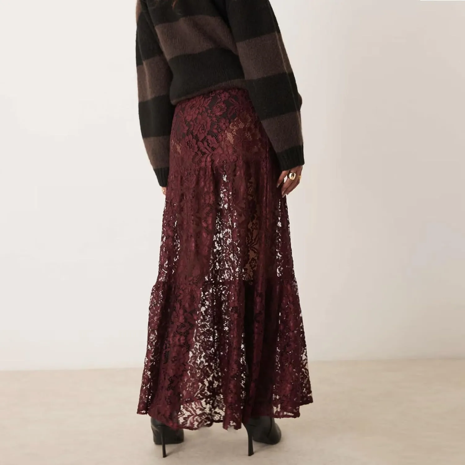 LOFAAC Women Sexy Lace Long Skirts High Waist See Through Flowy Maxi Skirts Sheer Floral Lace Party A-line Midi Skirt