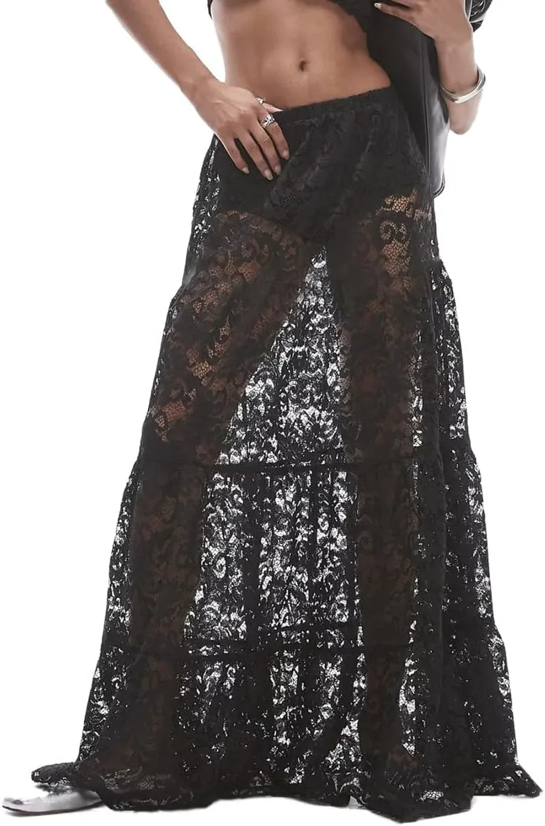 LOFAAC Women Sexy Lace Long Skirts High Waist See Through Flowy Maxi Skirts Sheer Floral Lace Party A-line Midi Skirt