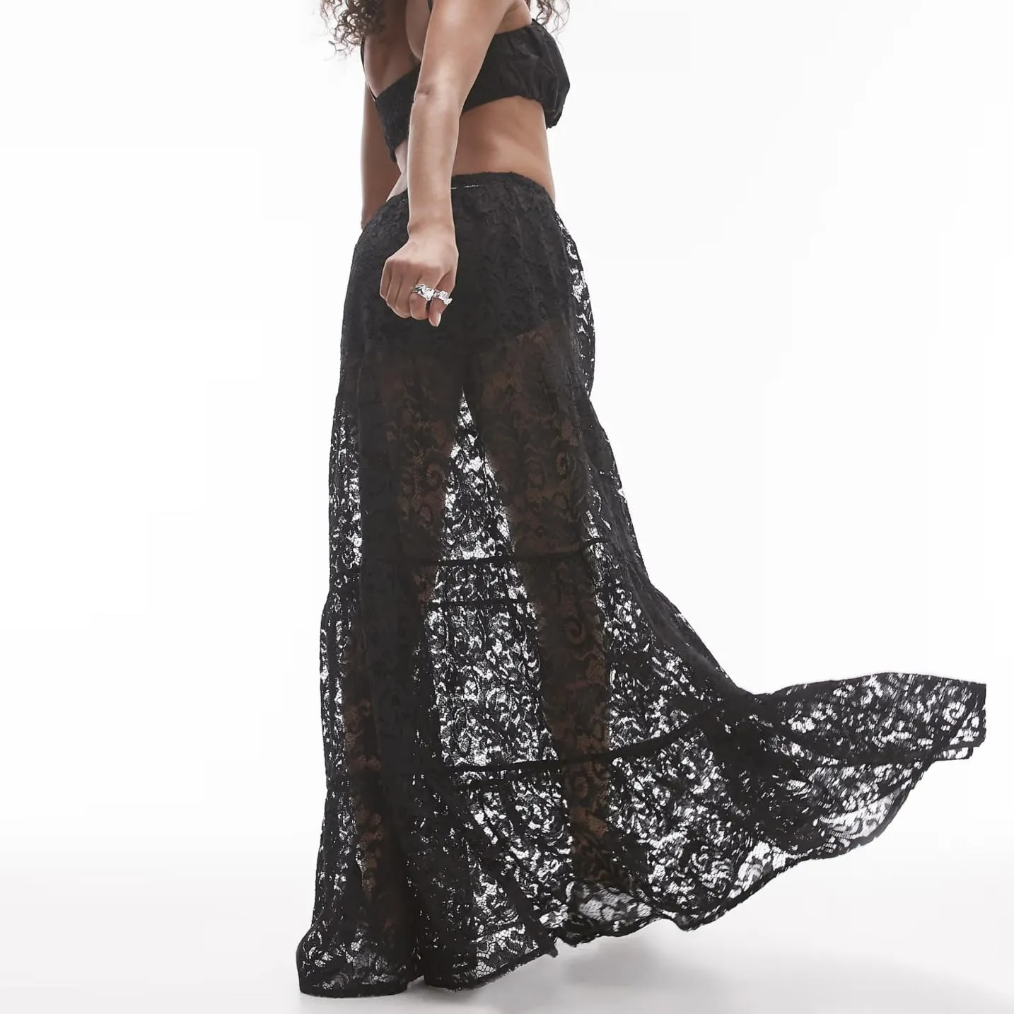 LOFAAC Women Sexy Lace Long Skirts High Waist See Through Flowy Maxi Skirts Sheer Floral Lace Party A-line Midi Skirt