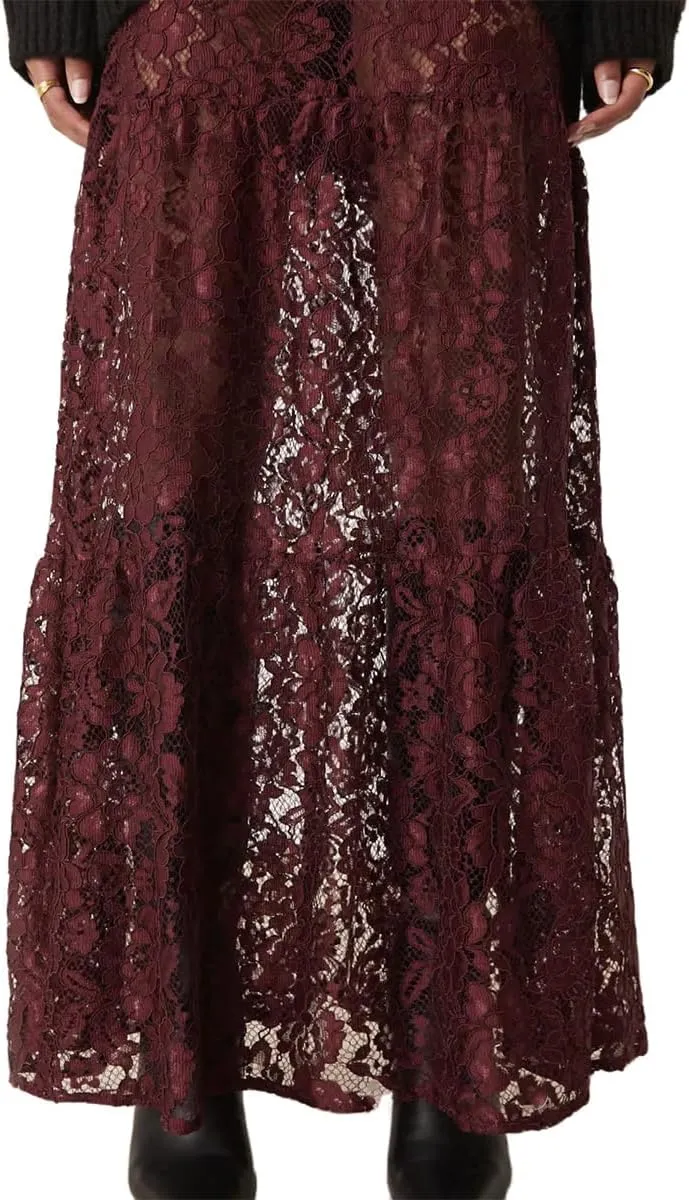 LOFAAC Women Sexy Lace Long Skirts High Waist See Through Flowy Maxi Skirts Sheer Floral Lace Party A-line Midi Skirt
