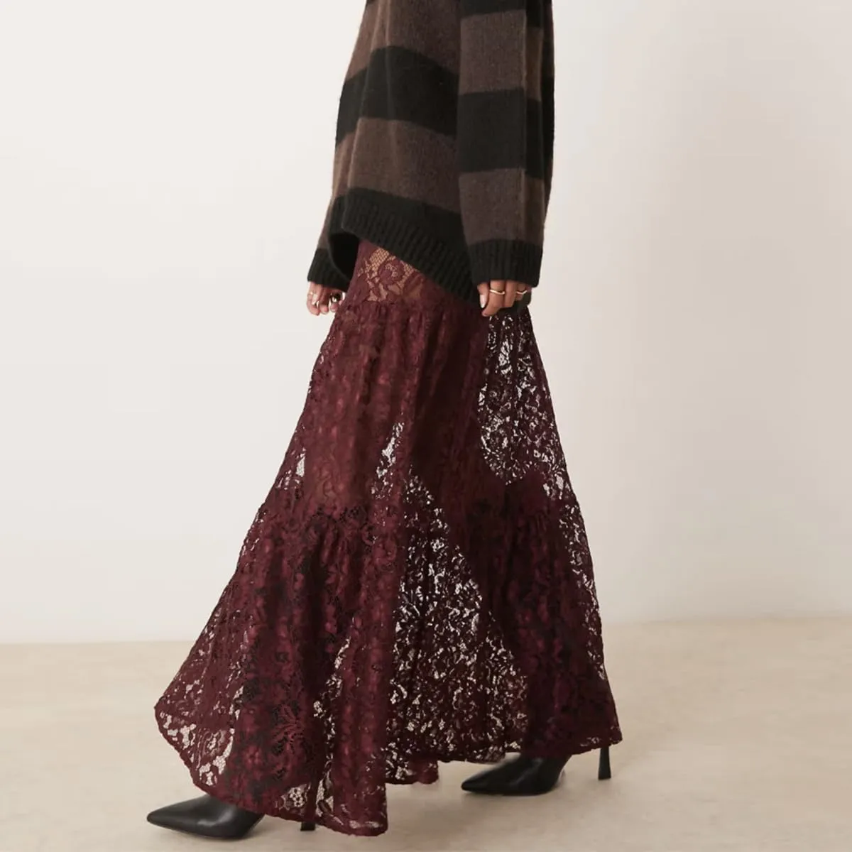 LOFAAC Women Sexy Lace Long Skirts High Waist See Through Flowy Maxi Skirts Sheer Floral Lace Party A-line Midi Skirt