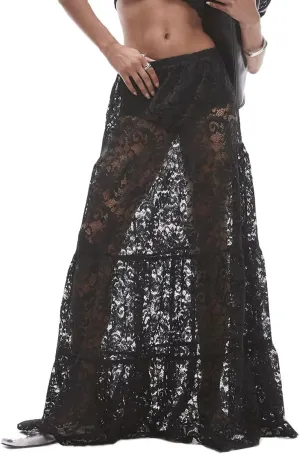 LOFAAC Women Sexy Lace Long Skirts High Waist See Through Flowy Maxi Skirts Sheer Floral Lace Party A-line Midi Skirt