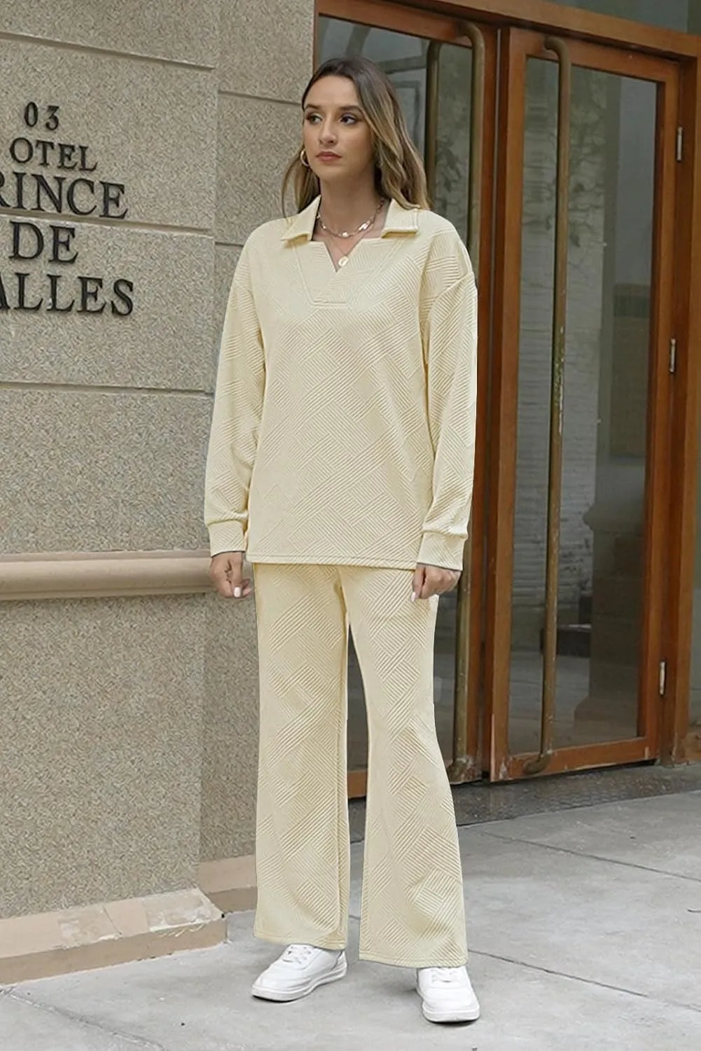 Lounge Sets for Women Two Piece Outfits Textured Sweatsuit Set Polo Sweatshirt Wide Leg Sweatpant With Pockets
