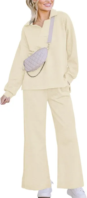 Lounge Sets for Women Two Piece Outfits Textured Sweatsuit Set Polo Sweatshirt Wide Leg Sweatpant With Pockets