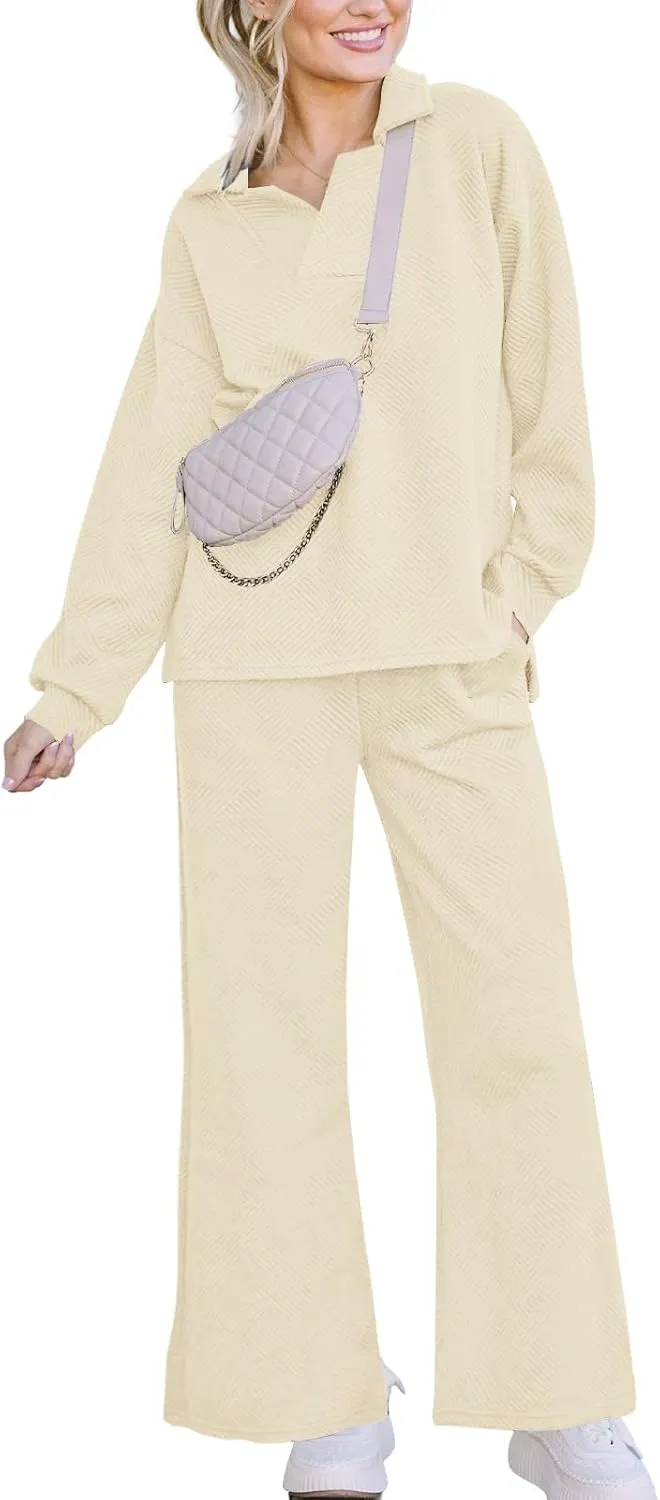 Lounge Sets for Women Two Piece Outfits Textured Sweatsuit Set Polo Sweatshirt Wide Leg Sweatpant With Pockets