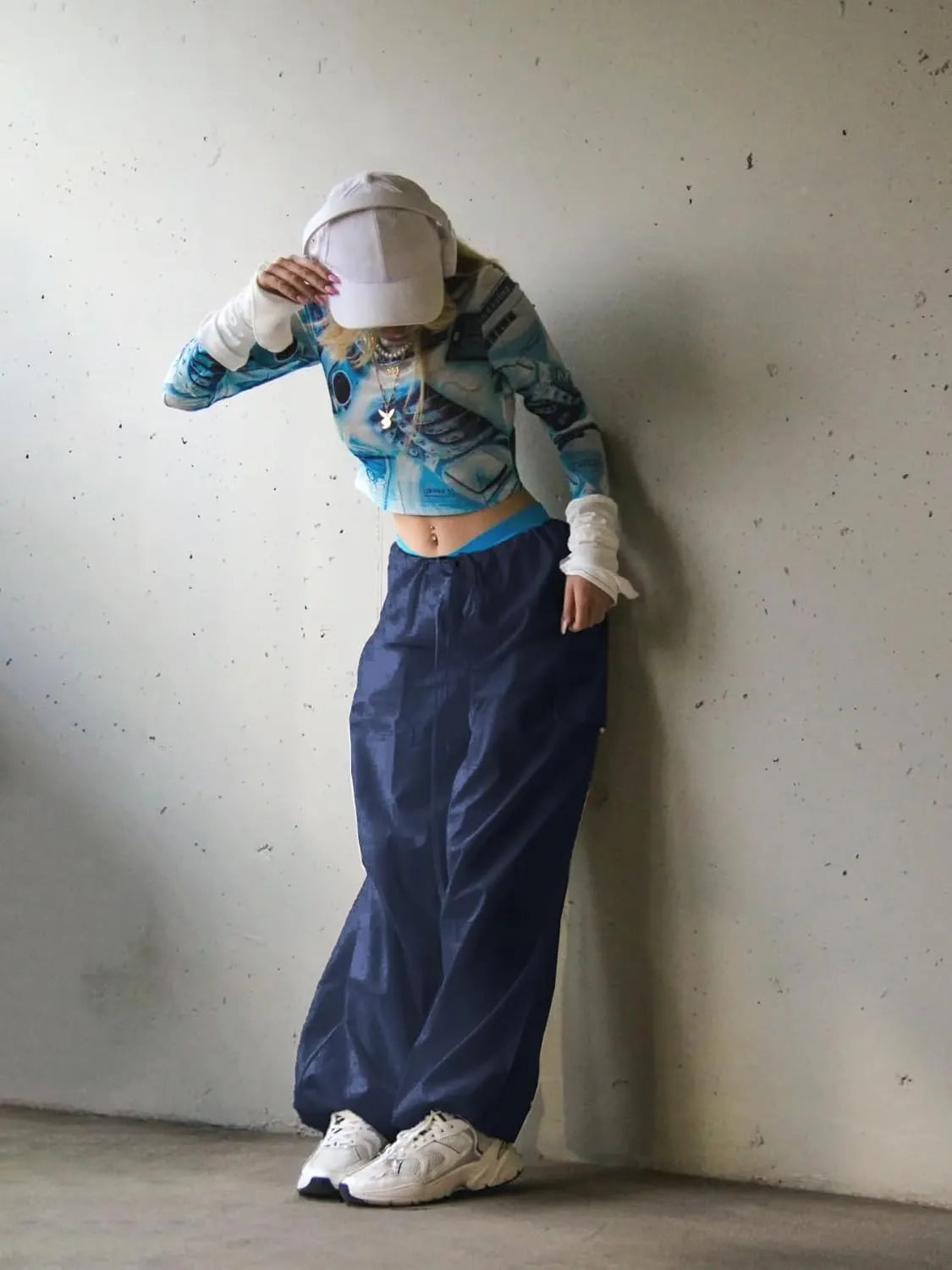 LQI Parachute Pants for Women Y2K Baggy Cargo Pants Drawstring Trousers Low Rise Loose Jogger Sweatpants