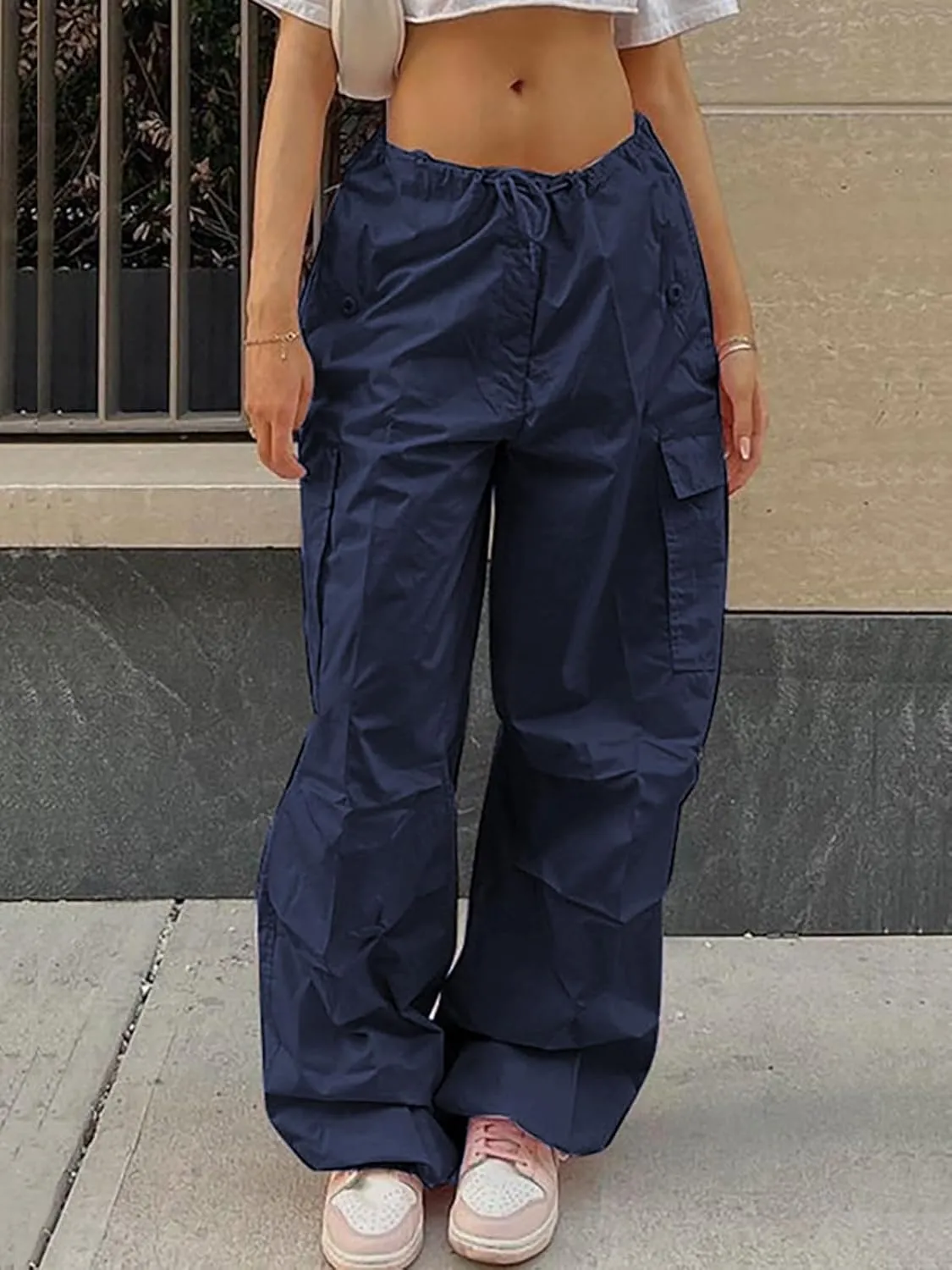 LQI Parachute Pants for Women Y2K Baggy Cargo Pants Drawstring Trousers Low Rise Loose Jogger Sweatpants