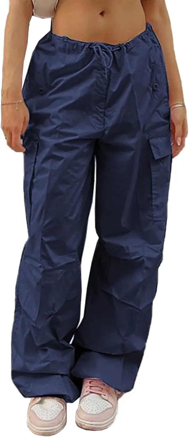 LQI Parachute Pants for Women Y2K Baggy Cargo Pants Drawstring Trousers Low Rise Loose Jogger Sweatpants