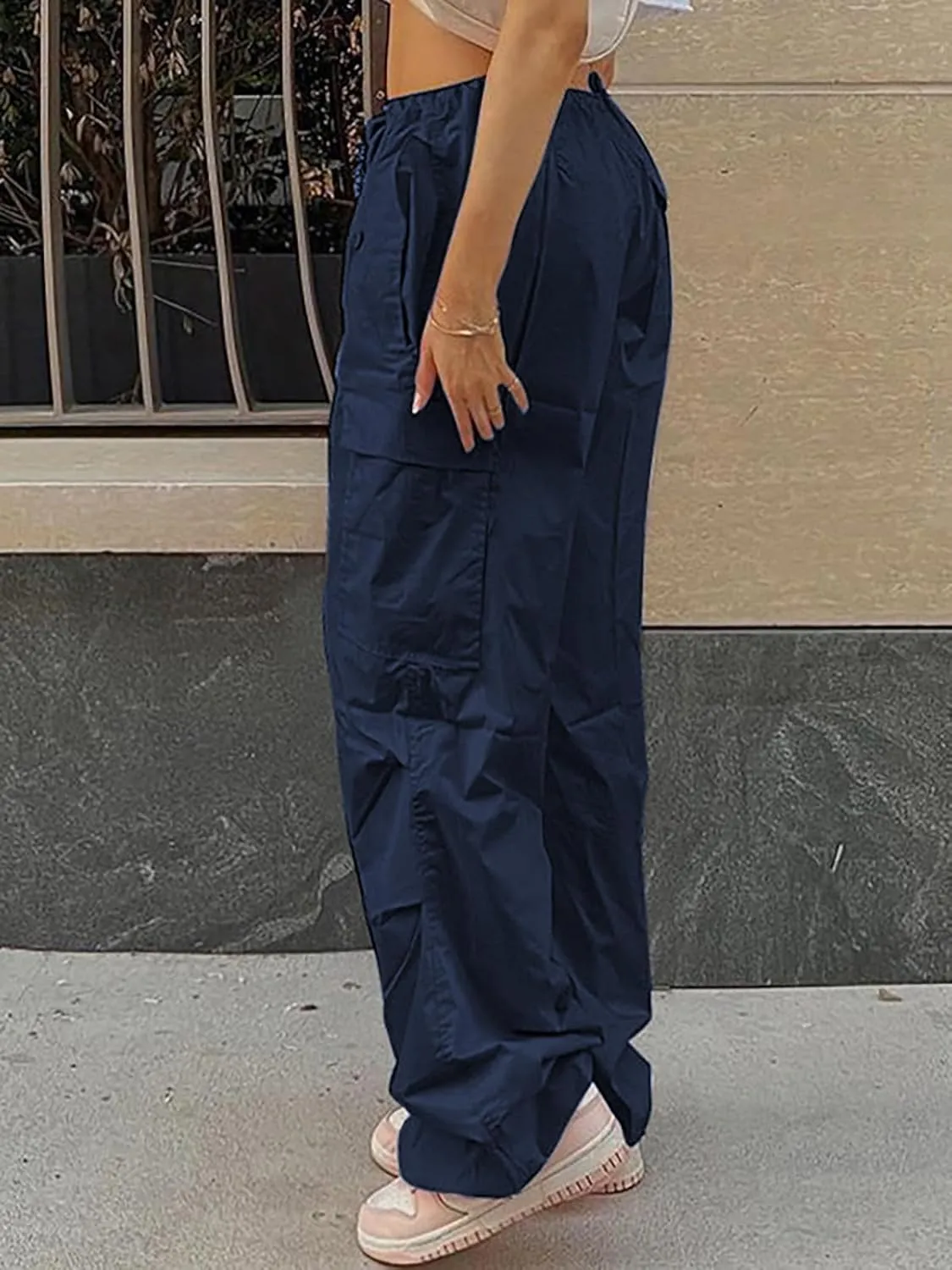 LQI Parachute Pants for Women Y2K Baggy Cargo Pants Drawstring Trousers Low Rise Loose Jogger Sweatpants