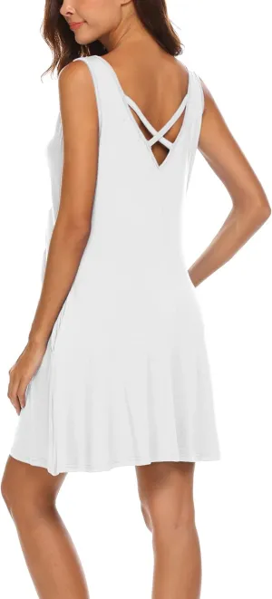 LuckyMore Women's Summer Sundresses Beach Cover Up Criss Cross Back Pocket Swing T-Shirt Dress S-3XL