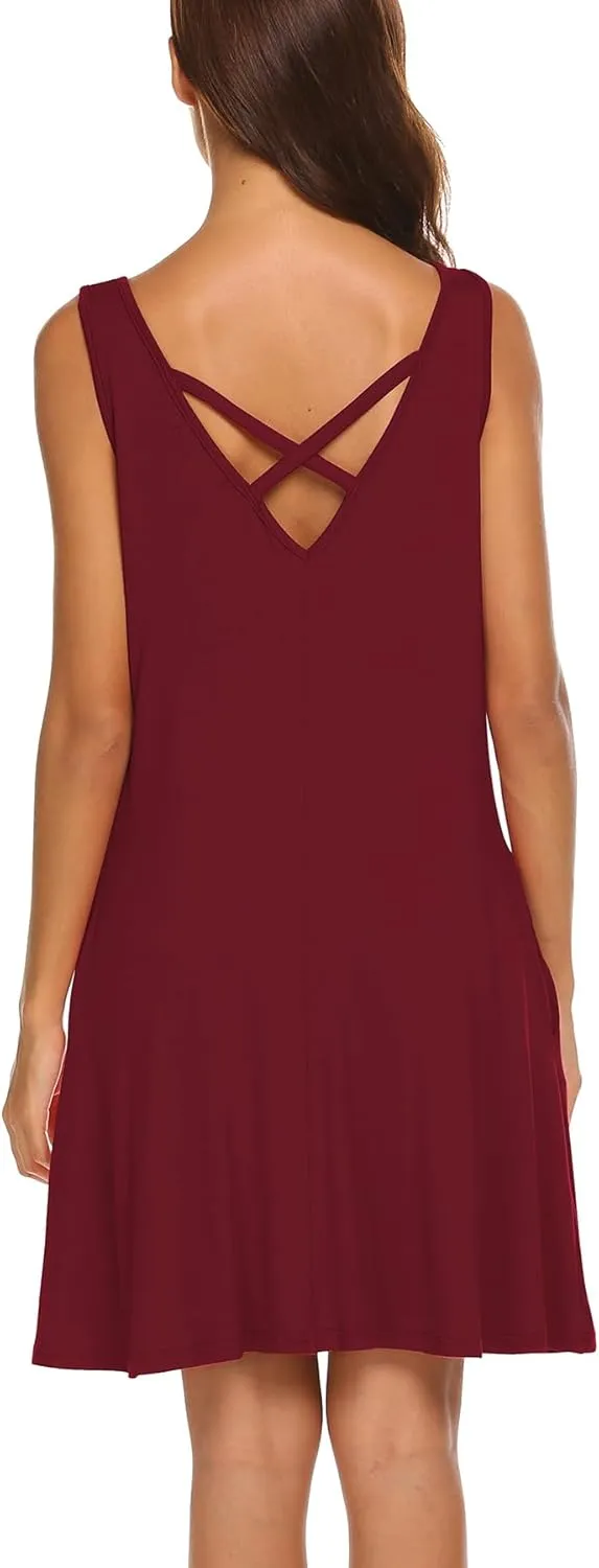 LuckyMore Women's Summer Sundresses Beach Cover Up Criss Cross Back Pocket Swing T-Shirt Dress S-3XL