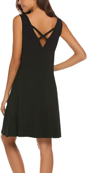 LuckyMore Women's Summer Sundresses Beach Cover Up Criss Cross Back Pocket Swing T-Shirt Dress S-3XL