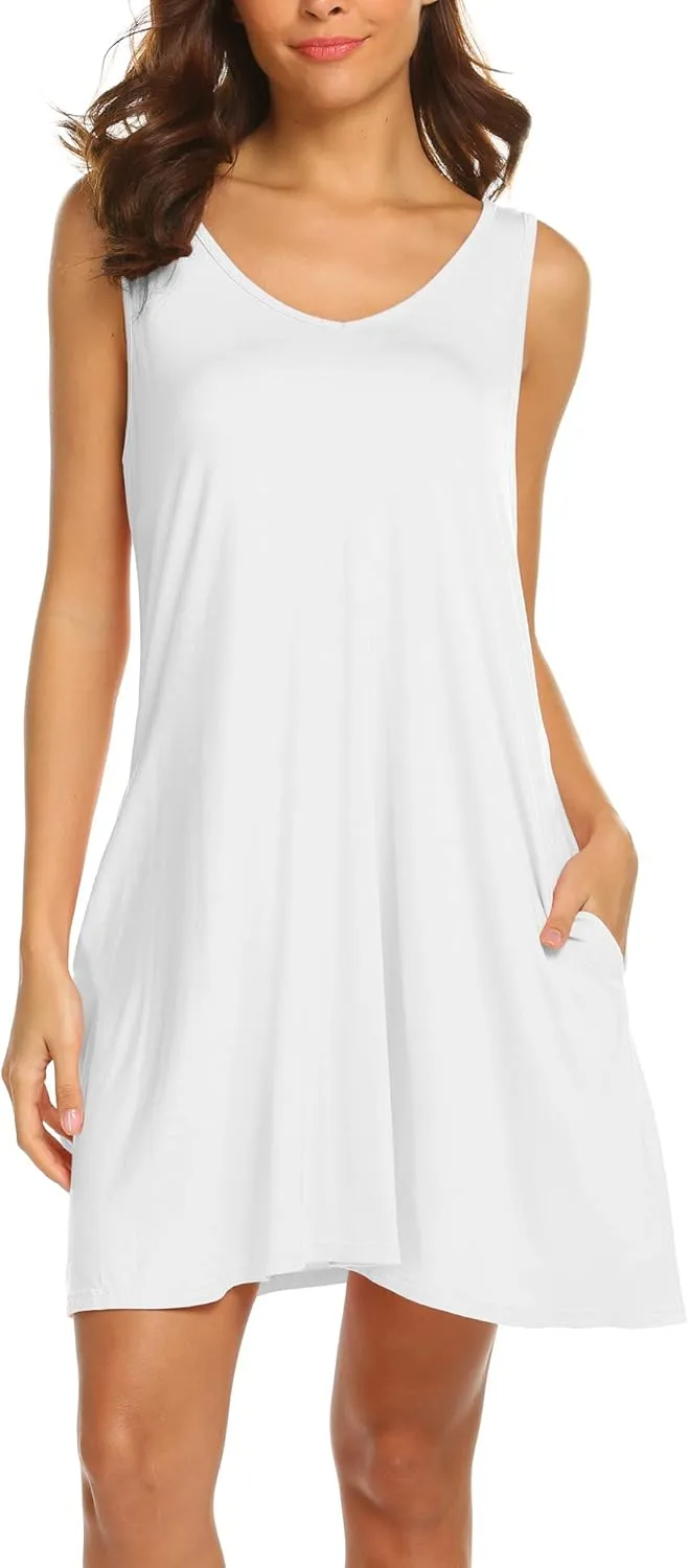 LuckyMore Women's Summer Sundresses Beach Cover Up Criss Cross Back Pocket Swing T-Shirt Dress S-3XL