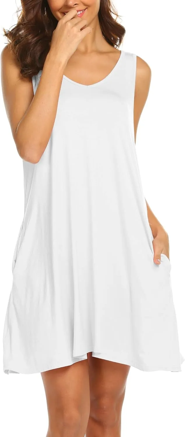 LuckyMore Women's Summer Sundresses Beach Cover Up Criss Cross Back Pocket Swing T-Shirt Dress S-3XL