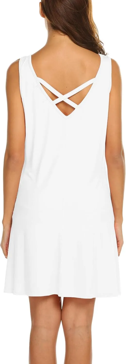 LuckyMore Women's Summer Sundresses Beach Cover Up Criss Cross Back Pocket Swing T-Shirt Dress S-3XL