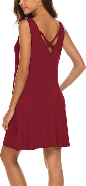 LuckyMore Women's Summer Sundresses Beach Cover Up Criss Cross Back Pocket Swing T-Shirt Dress S-3XL