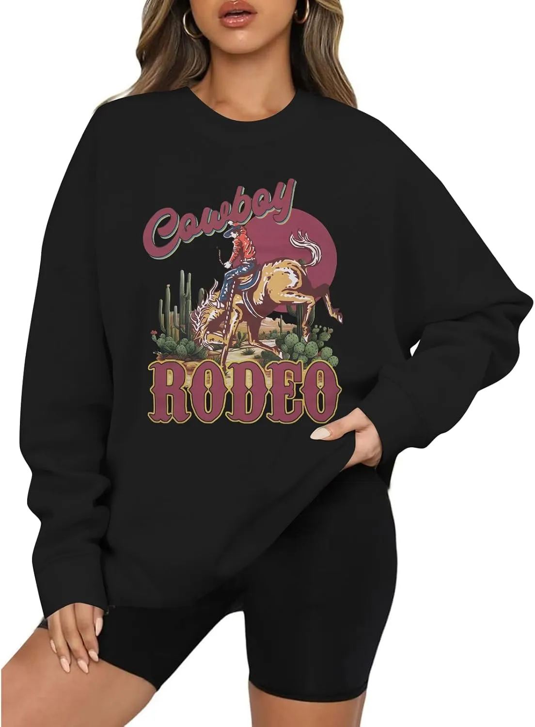 LUKYCILD Western Shirts for Women Oversized Sweatshirt Wild West Sweatshirt Cowgirl Rodeo Shirt Graphic Long Sleeve Pullover