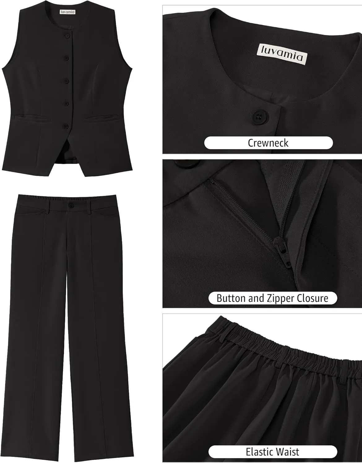 luvamia Vest Pants Suits for Women Dressy 2 Piece Business Casual Outfits Sleeveless Blazer Wide Leg Pants Pantsuit Sets