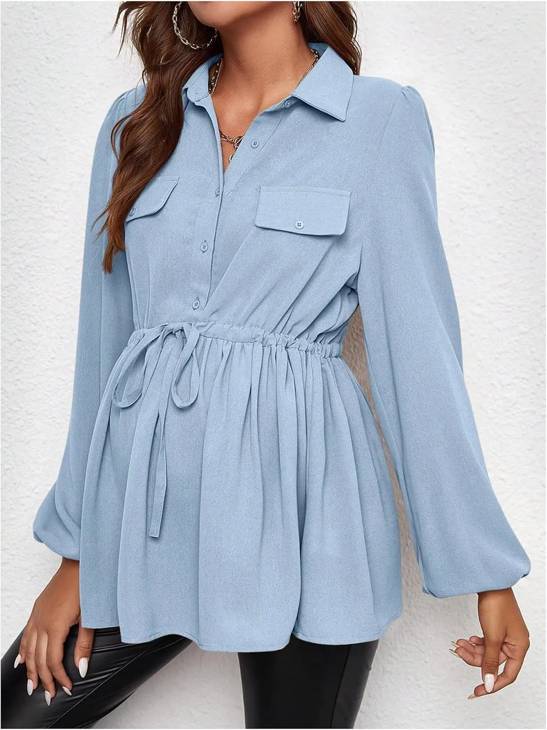 MakeMeChic Women's Maternity Shirts Long Sleeve Belted Button Down Casual Pregnancy Blouse Tops
