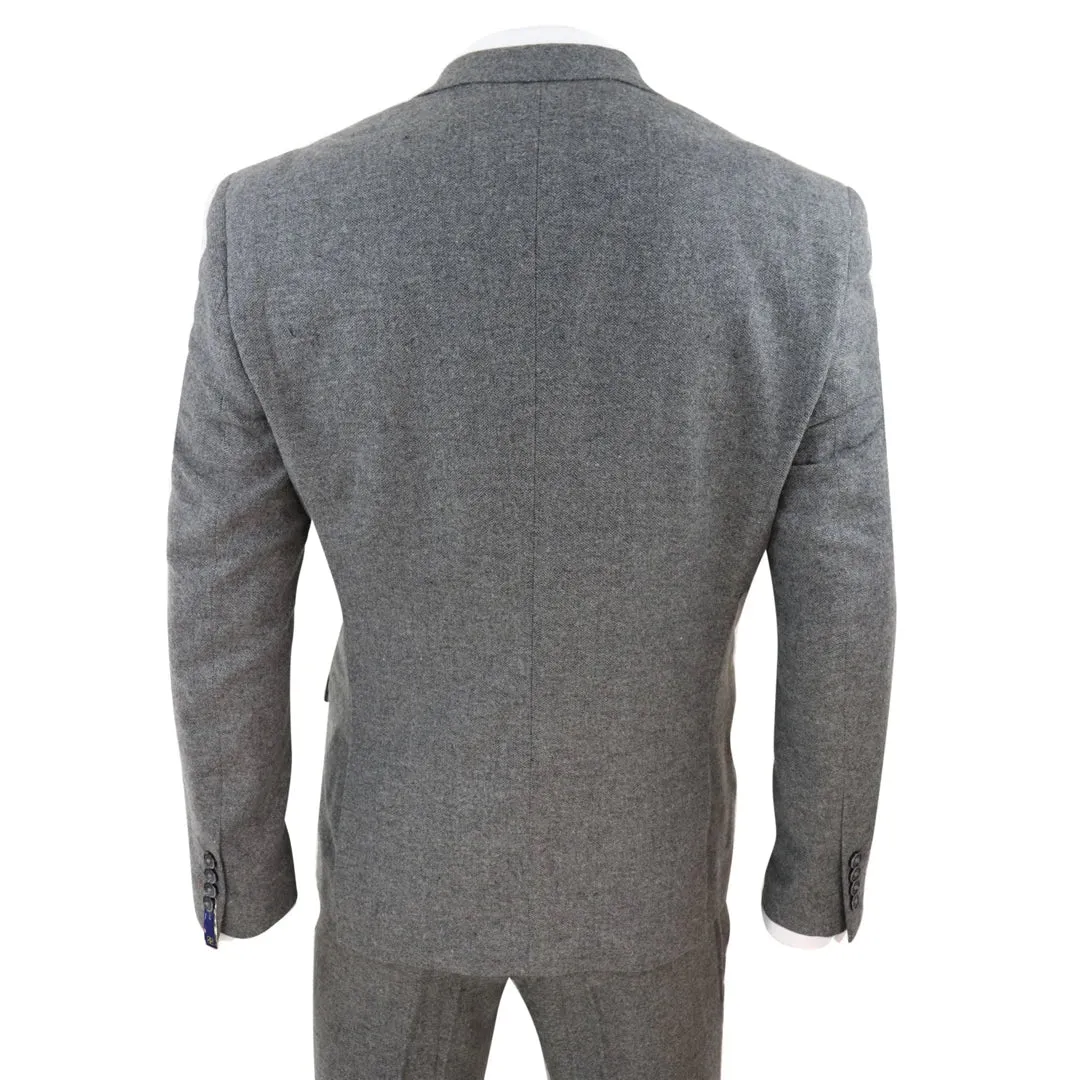 Martez - Men's 3 Piece Wool Suit Herringbone Tweed Dark Grey Formal Classic 1920s Wedding