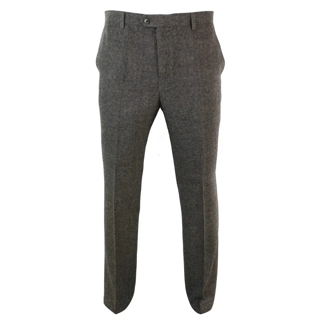 Martez - Men's Herringbone Tweed Trousers Blue Brown