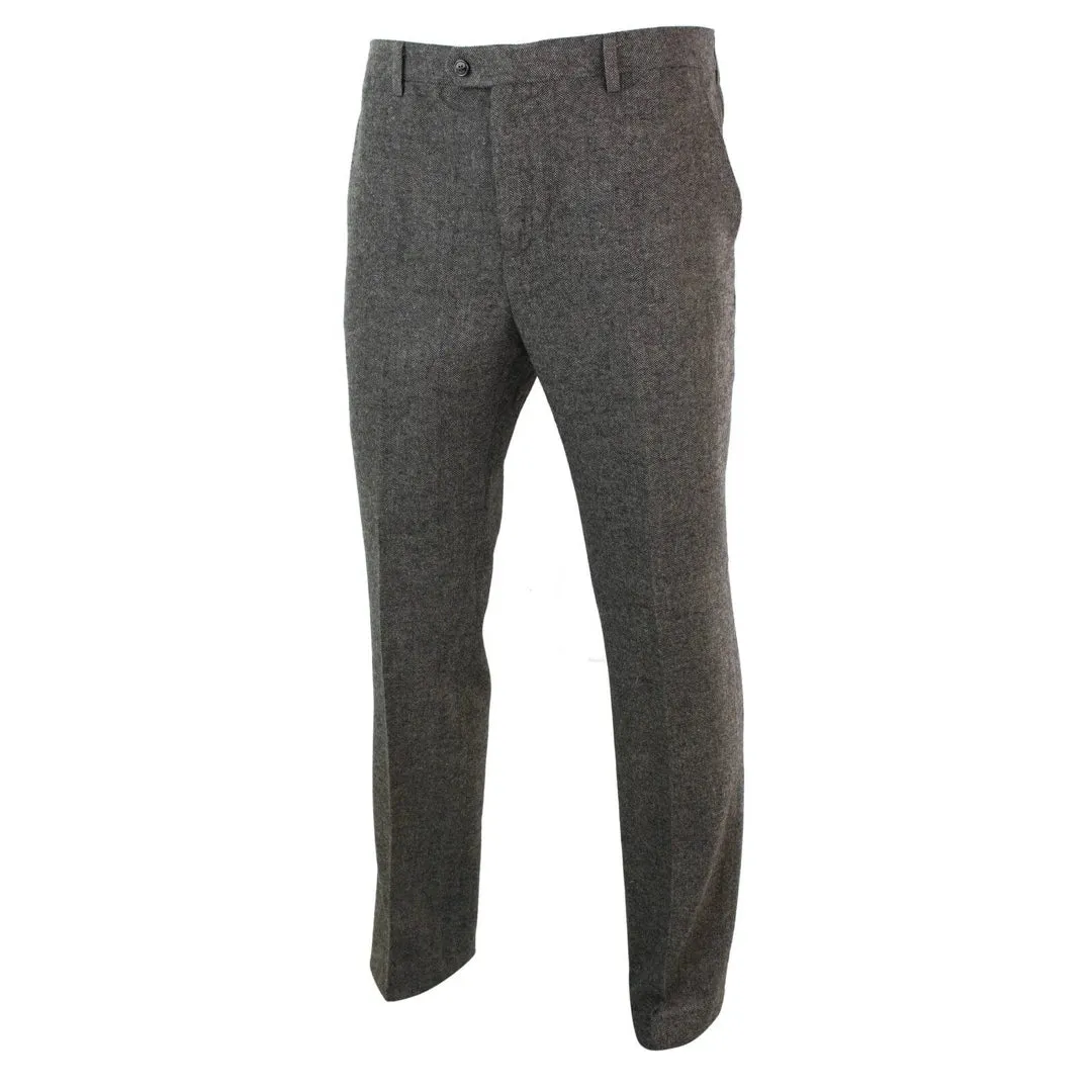 Martez - Men's Herringbone Tweed Trousers Blue Brown