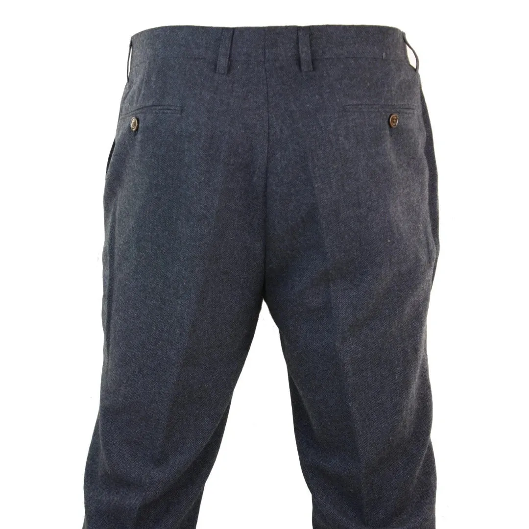 Martez - Men's Herringbone Tweed Trousers Blue Brown