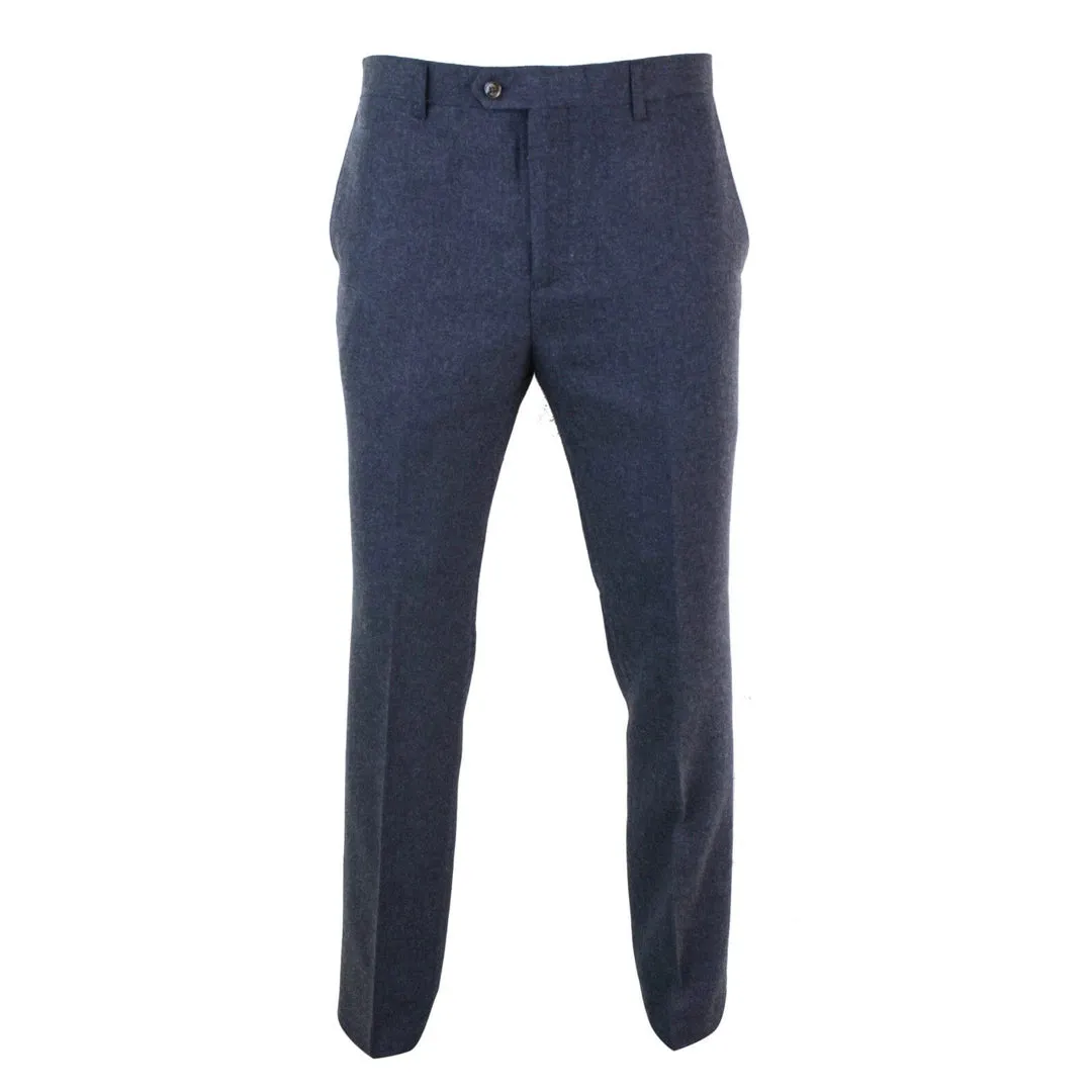 Martez - Men's Herringbone Tweed Trousers Blue Brown
