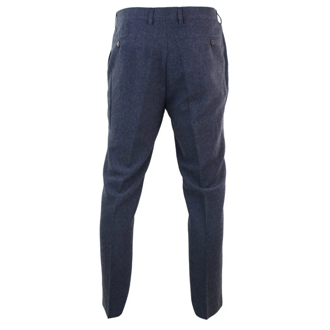 Martez - Men's Herringbone Tweed Trousers Blue Brown