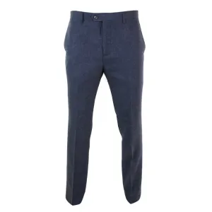 Martez - Men's Herringbone Tweed Trousers Blue Brown