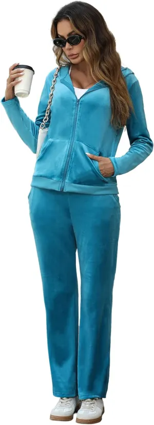 Marvmys Velour Tracksuit Womens 2 Piece Outfits Velvet Sweatsuit Jogging Suit Full Zip Up Hoodie and Sweatpants Set