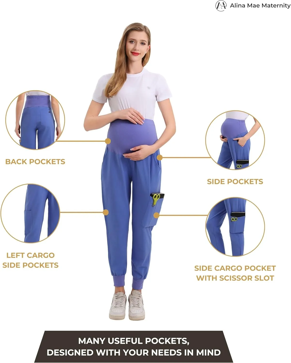 Maternity Scrub Jogger Pants for Women Pregnant Doctor Uniform Pant Nurse Scrub w/ 6 Pockets