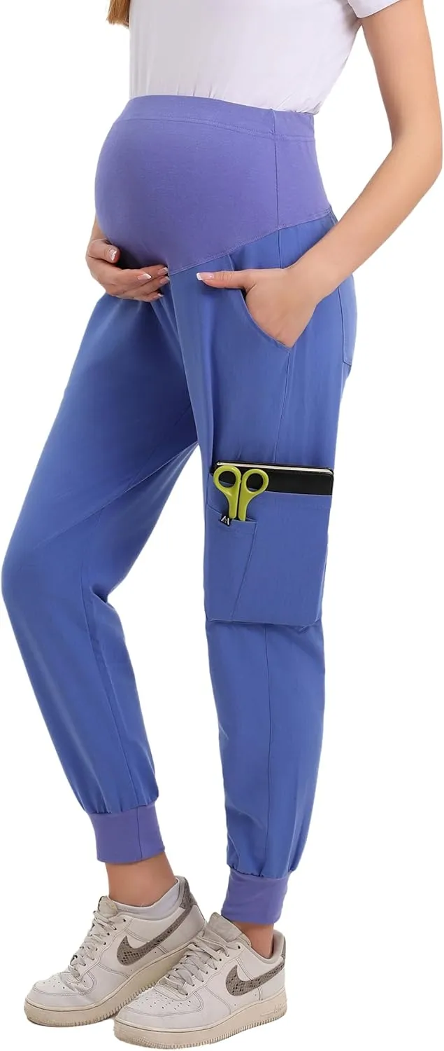 Maternity Scrub Jogger Pants for Women Pregnant Doctor Uniform Pant Nurse Scrub w/ 6 Pockets