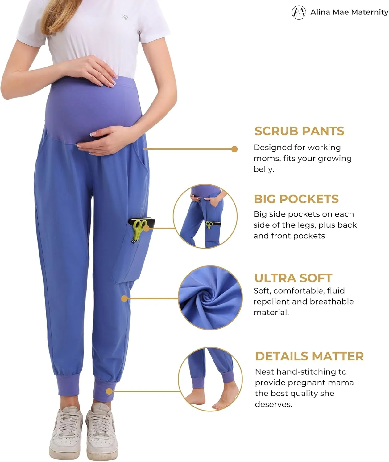 Maternity Scrub Jogger Pants for Women Pregnant Doctor Uniform Pant Nurse Scrub w/ 6 Pockets