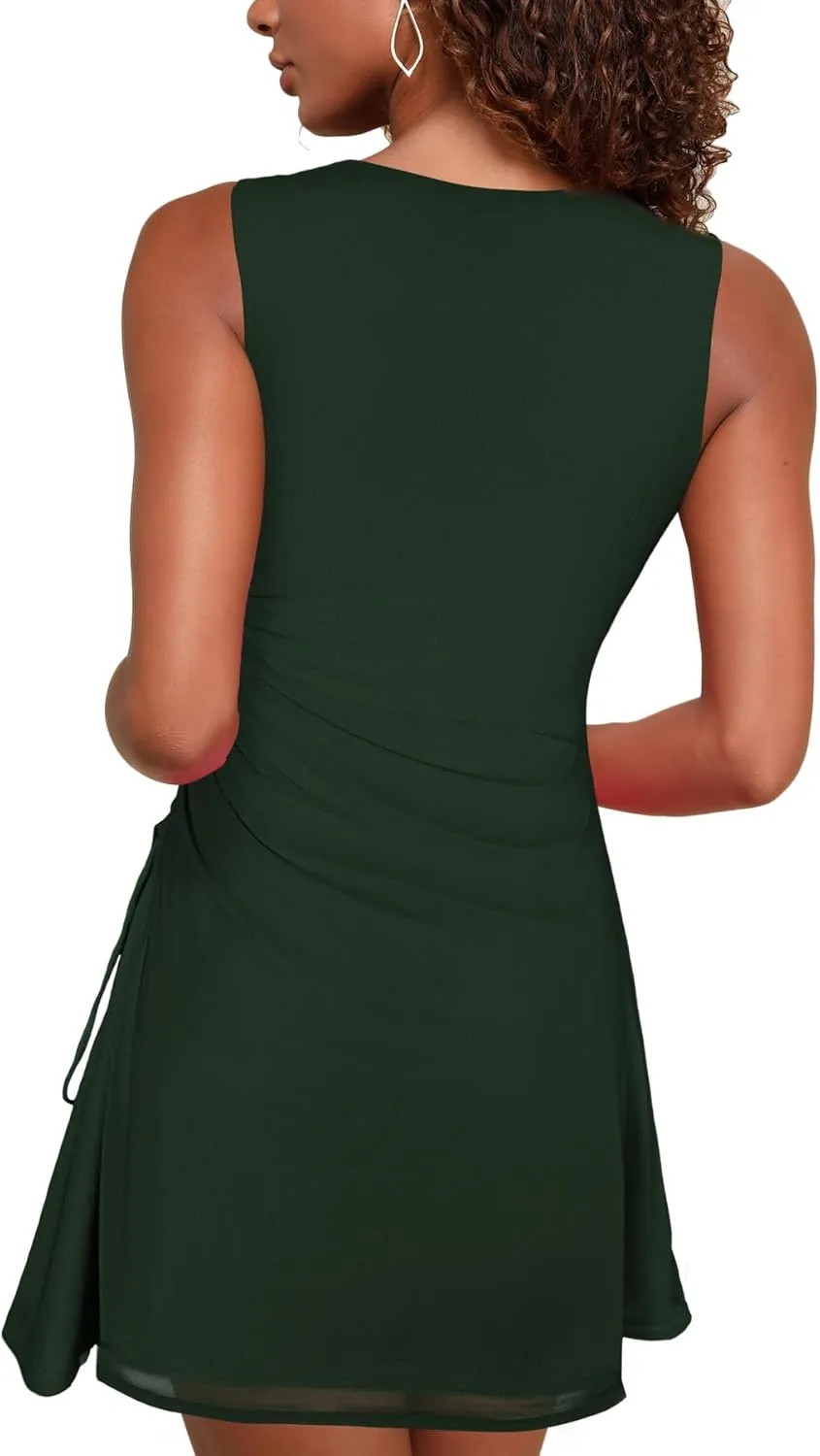 MAYFASEY Women's Sexy Mesh Square Neck Bodycon Mini Dress Ruched Drawstring Cocktail Party Club Going Out Short Dresses
