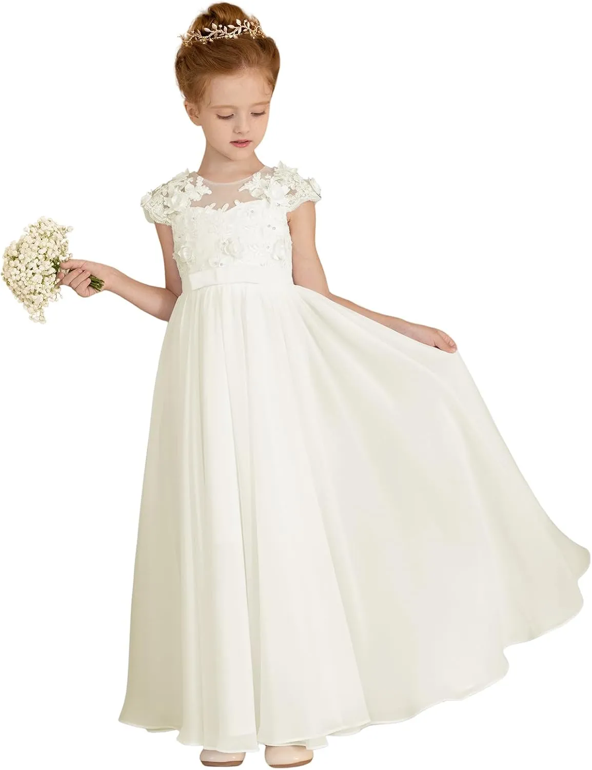 MCieloLuna Chiffon Applique Flower Girl Dresses for Wedding White A-Line Cap Sleeve Formal Bridesmaid Brithday Party Gowns
