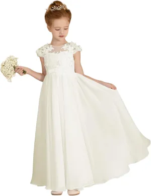MCieloLuna Chiffon Applique Flower Girl Dresses for Wedding White A-Line Cap Sleeve Formal Bridesmaid Brithday Party Gowns