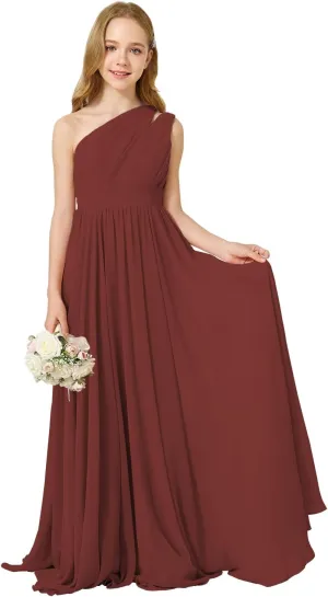 MCieloLuna Girls Chiffon Wedding Bridesmaid Dress One Shoulder A-Line Flower Girl Dresses Formal Evening Party Maxi Gown