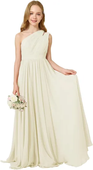 MCieloLuna Girls Chiffon Wedding Bridesmaid Dress One Shoulder A-Line Flower Girl Dresses Formal Evening Party Maxi Gown