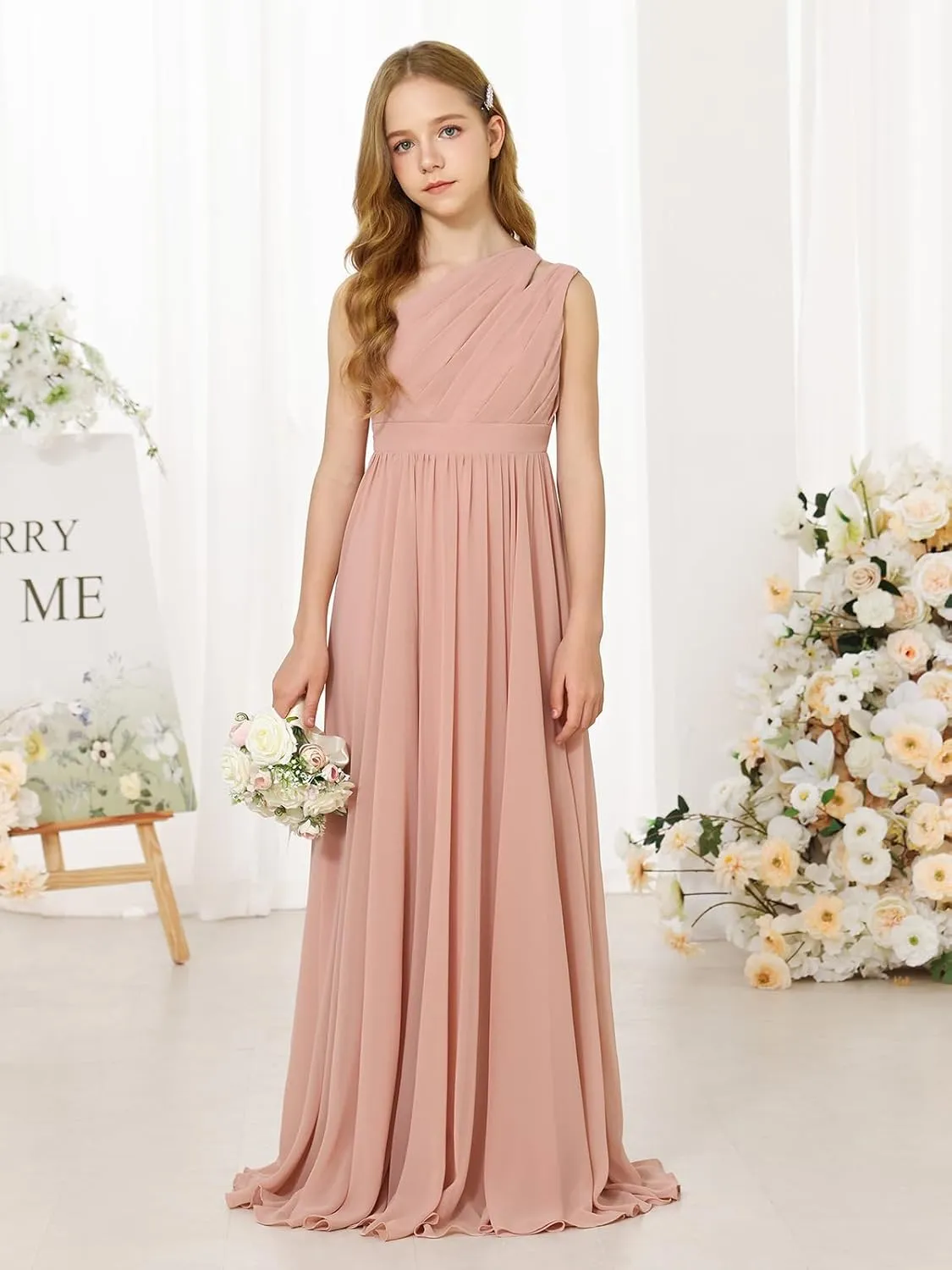 MCieloLuna Girls Chiffon Wedding Bridesmaid Dress One Shoulder A-Line Flower Girl Dresses Formal Evening Party Maxi Gown