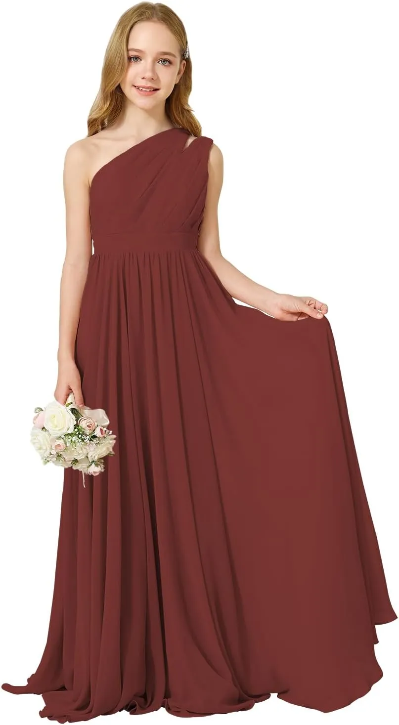 MCieloLuna Girls Chiffon Wedding Bridesmaid Dress One Shoulder A-Line Flower Girl Dresses Formal Evening Party Maxi Gown