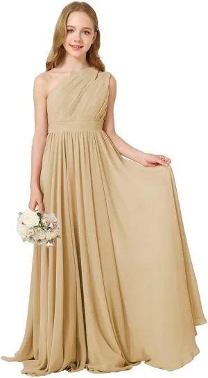 MCieloLuna Girls Chiffon Wedding Bridesmaid Dress One Shoulder A-Line Flower Girl Dresses Formal Evening Party Maxi Gown