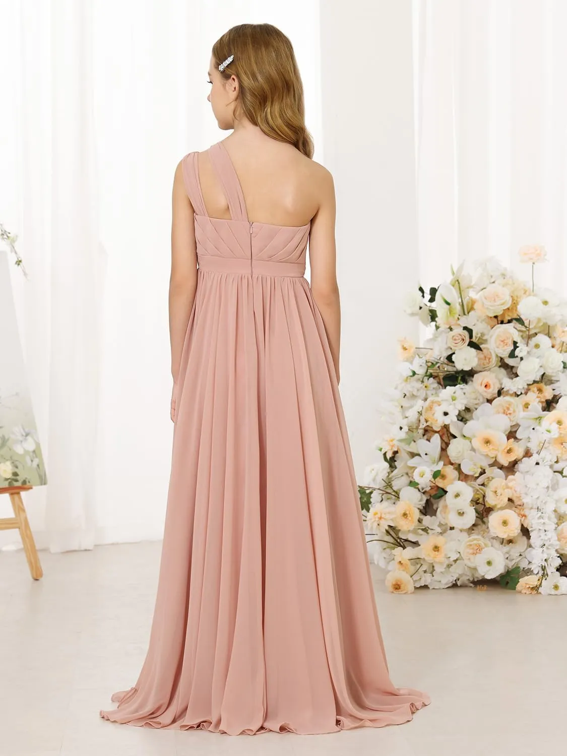 MCieloLuna Girls Chiffon Wedding Bridesmaid Dress One Shoulder A-Line Flower Girl Dresses Formal Evening Party Maxi Gown