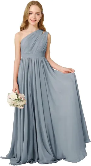 MCieloLuna Girls Chiffon Wedding Bridesmaid Dress One Shoulder A-Line Flower Girl Dresses Formal Evening Party Maxi Gown