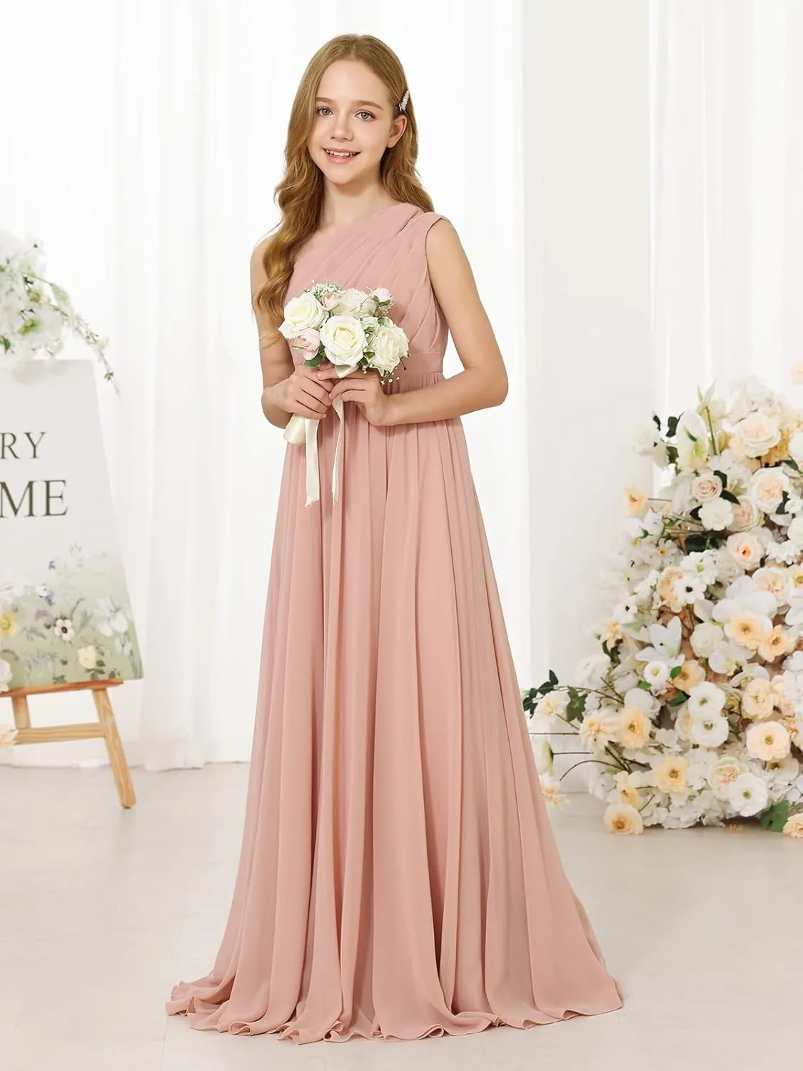 MCieloLuna Girls Chiffon Wedding Bridesmaid Dress One Shoulder A-Line Flower Girl Dresses Formal Evening Party Maxi Gown
