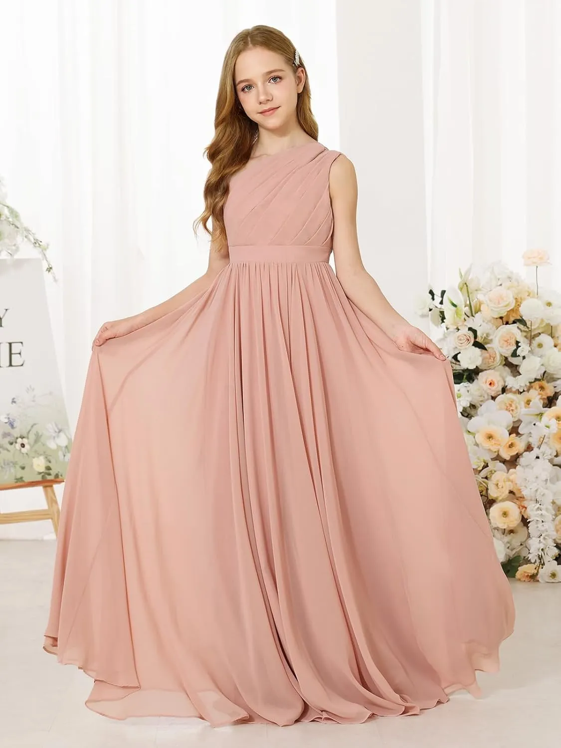 MCieloLuna Girls Chiffon Wedding Bridesmaid Dress One Shoulder A-Line Flower Girl Dresses Formal Evening Party Maxi Gown