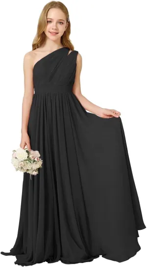 MCieloLuna Girls Chiffon Wedding Bridesmaid Dress One Shoulder A-Line Flower Girl Dresses Formal Evening Party Maxi Gown